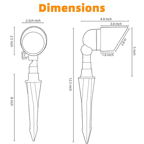 Dimensions diagram of 2 Pack Low Voltage LED Landscape Spotlight Set 12V 5W 450 Lumen Warm White Cast Aluminum Outdoor Lights