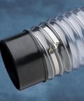 Keyed Bridge Hose Clamps 4 Inch Stainless Steel Pack Of 5 clamping a clear ribbed hose on blue background