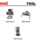 Freud tools display with hand router, table router, and palm router