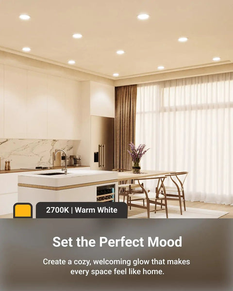 Sunco 72 Pack Recessed Lighting 6 Inch LED, Canless Ceiling Lights Slim with Junction Box installed in a modern kitchen.
