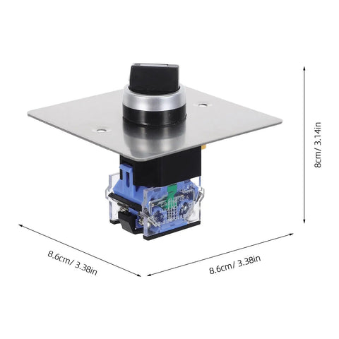 Built Like A Tank Stainless Steel Three Position Selector Switch Panel For Heavy Duty Industrial Machinery Control And Elevator Maintenance With Plug And Play Flush Mount Design, showing rotary switch and dimensions.