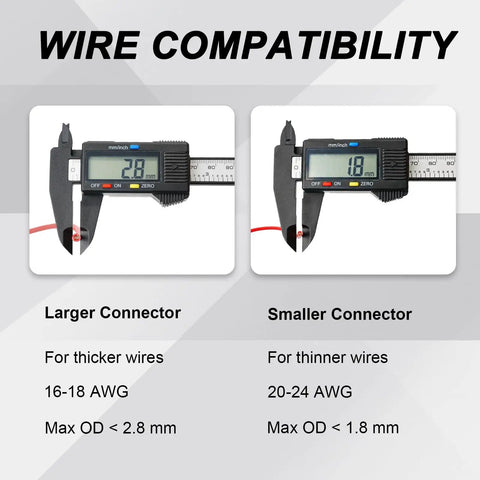 Measurement display of Double Quick Connectors Kit for Low Voltage Wiring, solderless connectors for 16-18 and 20-24 AWG cables.
