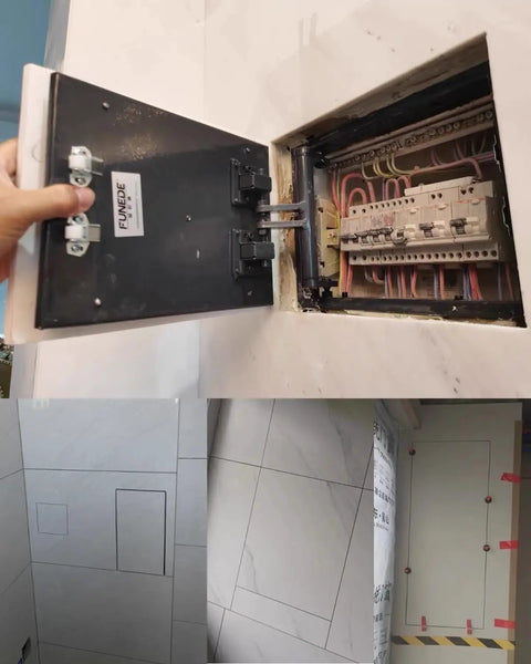 Slick Magnetic Inspection Hatch With Seamless Steel Frame For Drywall Shower Access Smooth Hidden Cover Plug And Play Install 14 X 14 Inch Nifty Wall Maintenance Panel showing open access to electrical panel.