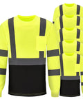 Six Pack High Visibility Long Sleeve Safety T Shirts For Men With Reflective Strips And Chest Pocket Fluorescent Yellow Hi Vis Workwear XL for Nighttime Visibility
