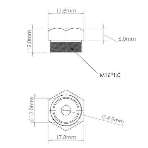 Technical diagram of Mandrel And Nose Piece Set For SAE 10 24 Rivet Nut Tools dimensions shown in side and top view