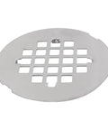 Heavy Duty No Caulk Shower Drain With Slick Polished Chrome Grate, round grate fitting over drain, 4.5in size for easy installation.