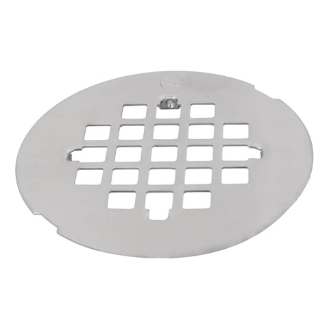 Heavy Duty No Caulk Shower Drain With Slick Polished Chrome Grate, round grate fitting over drain, 4.5in size for easy installation.