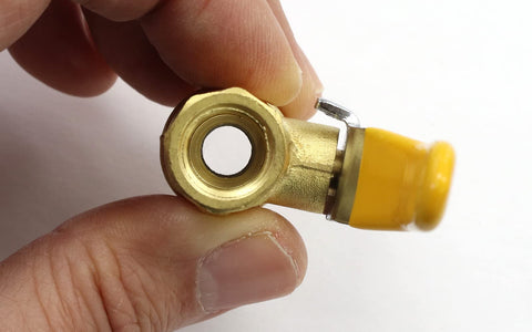 Close-up of Lead Free Forged Brass Air Compressor Inline Ball Valve, Quarter Turn, One Quarter Inch MNPT To One Quarter Inch FNPT