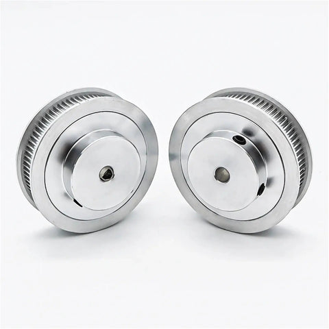 Rock Solid Aluminum Timing Pulley With Kickin 90 Tooth Grip And Zero Slip Performance For Smooth Belt Drives Featuring Flexible Bore Fits and Durable 10 or 15 Millimeter Widths For Your Next Project Build, showing two pulleys.