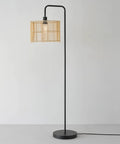 58 Inch Matte Black Floor Lamp With Bamboo Shade That Peeks Through, Easy On Off Rotary Socket Switch, Cozy Cottagecore Vibe