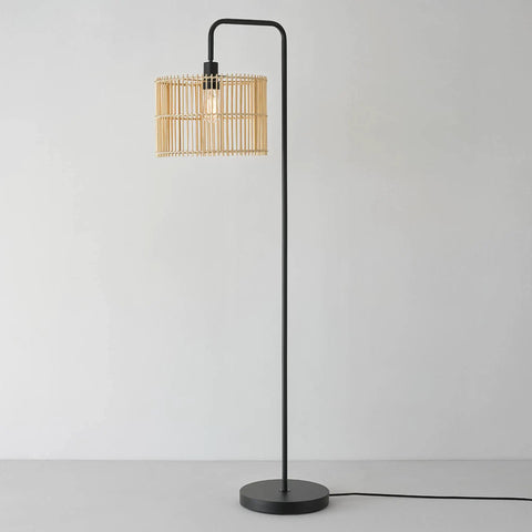 58 Inch Matte Black Floor Lamp With Bamboo Shade That Peeks Through, Easy On Off Rotary Socket Switch, Cozy Cottagecore Vibe