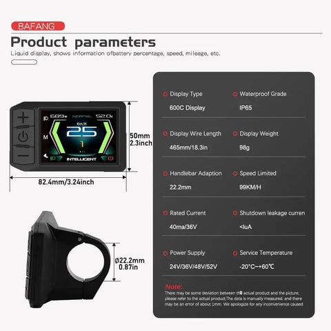2.4 Inch TFT LCD Ebike Display 600C UART Protocol Cycling Computer with size and specifications on screen, black, IP65 waterproof panel.