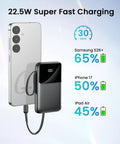 No Fuss Ultra Compact 15000 Mah Portable Charger With Built In Cables charging Samsung S26+ and iPhone 17, showing battery levels.