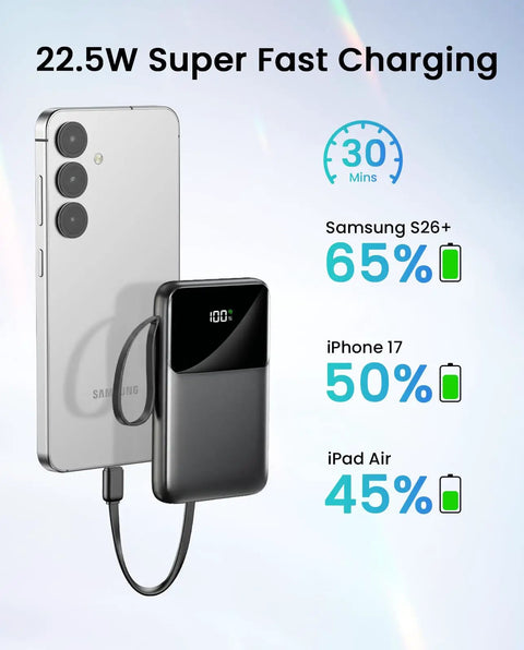 No Fuss Ultra Compact 15000 Mah Portable Charger With Built In Cables charging Samsung S26+ and iPhone 17, showing battery levels.