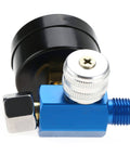 Close-up of Inline Quarter Inch Pro Grade Mini Air Regulator Kit for Spray Guns with Pressure Gauge, blue and black components visible.