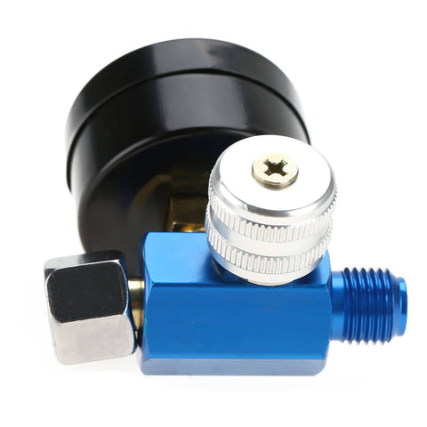 Close-up of Inline Quarter Inch Pro Grade Mini Air Regulator Kit for Spray Guns with Pressure Gauge, blue and black components visible.