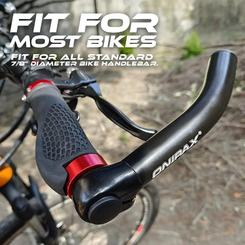 Ergonomic Aluminum Bar Ends For MTB Bikes Seven Eighth Inch Handlebar Comfortable Upgrade Pair Easy Install Reduces Fatigue Improves Stability And Control On Rough Trails, installed on a bike.