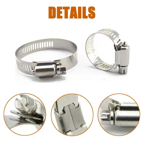 Front view: 12-pack 304 stainless steel worm-gear hose clamps set, adjustable 27-102 mm (2/3/4 in), silver.