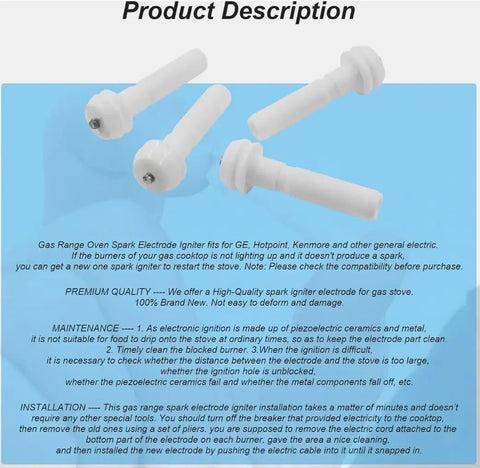 Image showing a pack of four ceramic spark igniters for gas stove replacement, designed for durability and easy installation.