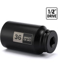 One Half Inch Drive Deep Spindle Axle Nut Impact Socket 36mm 12 Point CR MO Steel With Protective Black Phosphate Finish