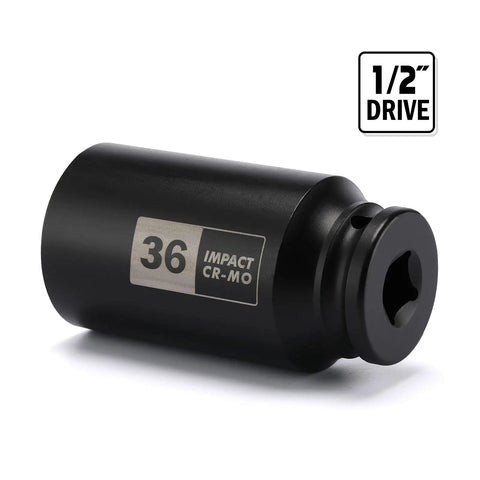 One Half Inch Drive Deep Spindle Axle Nut Impact Socket 36mm 12 Point CR MO Steel With Protective Black Phosphate Finish