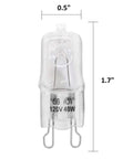 G9 120V 40W Xenon Light Bulb Warm White 2700K Dimmable 2 Pin JC T4 Base with dimensions 0.5" x 1.7"