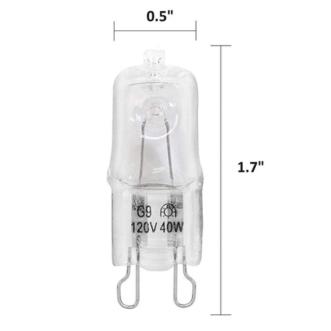 G9 120V 40W Xenon Light Bulb Warm White 2700K Dimmable 2 Pin JC T4 Base with dimensions 0.5" x 1.7"