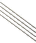 Front view of four stainless steel fully threaded rods, 1/4-20, 12 in long