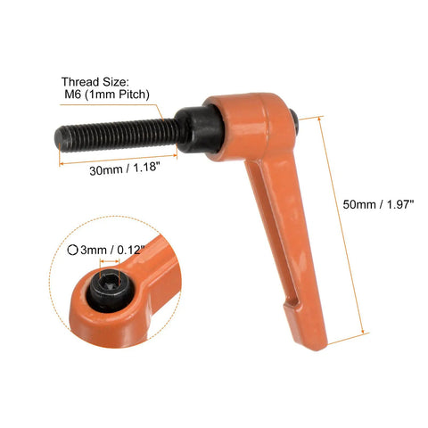 Image of Orange Aluminum Quick Release Clamp Knobs With Slick Grip Hex Socket And Rock Solid M6 Male Thread for heavy duty use.