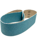 Tough As Nails Zirconia Sanding Belts 2 X 36 Inch For Belt Grinders Rip Through Steel Deburr Polish Sharp Blades Killer Finish For Knife Making Bench Stands Bang For Your Buck 6 Pack 40 Grit close-up of flexible sanding belt showing green zirconia abrasive.