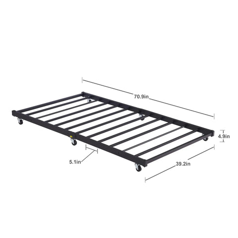 Heavy Duty Twin Trundle Bed Frame Built Tough For Casual Hangouts And Epic Sleepovers Featuring Roll Out Guest Sleeping Platform Base Zero Sag Steel Slats And Easy Glide Lockable Casters Black dimensions 70.9in x 39.2in x 4.9in
