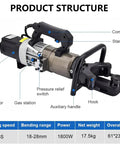 AOXHUGB Handheld Electric Hydraulic Rebar Bender With Pressure Relief Handle showing comfort grip and pressure relief switch, 1800W motor.