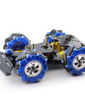 4WD mecanum wheel Arduino chassis with blue wheels for DIY robotics projects, compatible with Arduino R3 R4 Leonardo and Raspberry Pi.