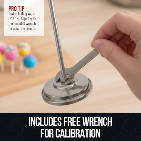 Person adjusting Candy Thermometer With Pot Clip For Deep Frying And Candy Making using free wrench for calibration, white