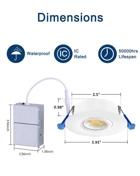 4 Inch Led Recessed Lights Dimmable 12 Pack Ultra Thin With Junction Box Adjustable Trim 5 Color Temperature 2700K To 5000K ETL Certified Dimensions