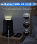 Beefy Heavy Duty Surge Protector Power Strip Tower With Five USB Ports And Built In Night Light illuminated beside a bed.