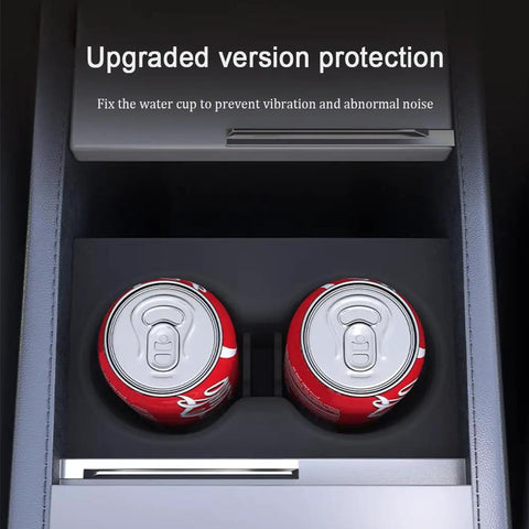 Slick White Silicone Cup Holder Tray For Tesla Model Y 2025 Center Console holds two cans securely in the dashboard organizer.