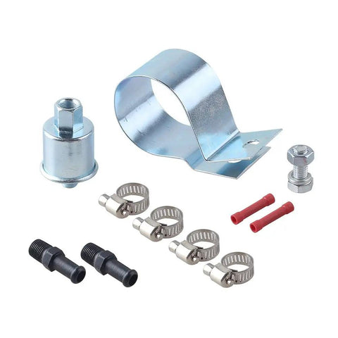 Installation kit for Universal Electric Fuel Pump 5 To 9 PSI 12V with clamps, fittings, and bracket