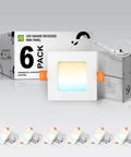 Six Pack 4 Inch Square LED Recessed Lights With 5 CCT 2700K To 5000K 12W 50W Equiv Ultra Slim Dimmable Canless Wafer Ceiling Downlights With J Box UL Energy Star White shown with packaging and components.