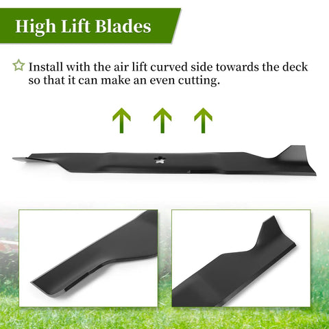 High Lift Mower Blades For 46 Inch Deck Replacement 2 Pack For Husqvarna YTH Series showing installation instructions