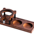 Adjustable Espresso Tamping Station Built From Premium Sapele Wood Handles 51-58mm Portafilters with holder for tools.