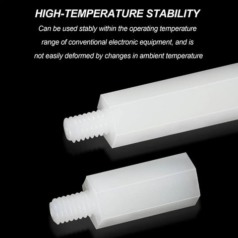 100 Stack M2.5 White Nylon Studs Hex Standoffs For Circuit Board Rig and Electronics Projects Durable Heavy Duty Non Conductive PCB Hardware slick finish showing high-temperature stability.