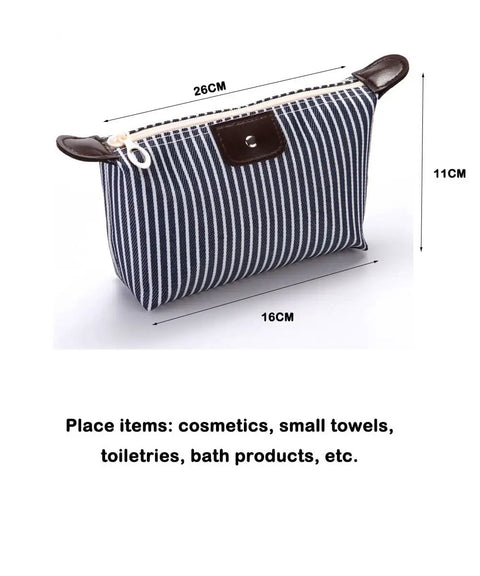 Striped travel makeup bag measurements with zipper, part of Two Pack Travel Makeup Bags for Women Grab and Go Cosmetic Bag Set.