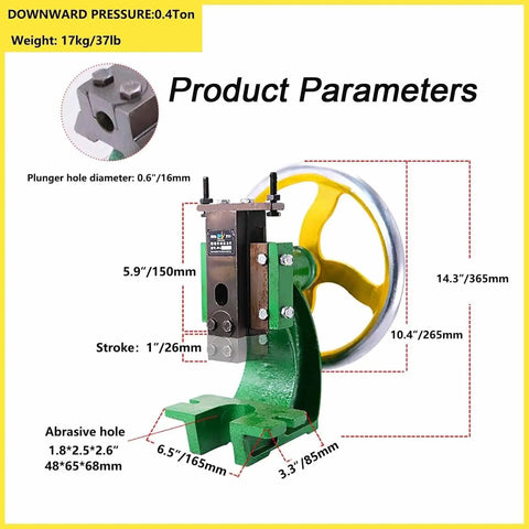 0.4 Ton Cast Iron Arbor Press Nuts Down Any Job with Ease Oversized Handwheel with detailed product parameters visual.
