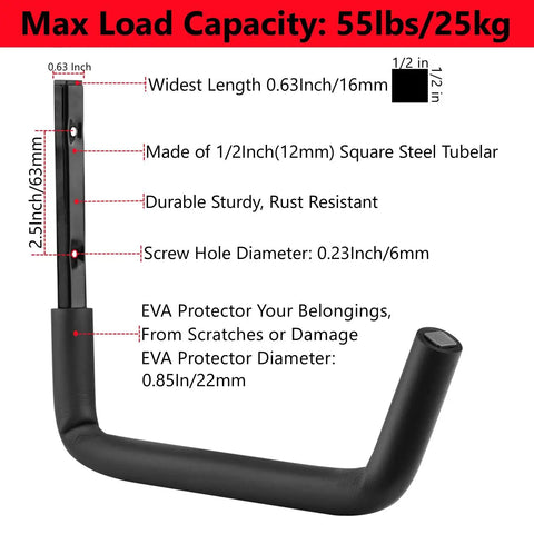 8 Pack Heavy Duty Wall Mounted Ladder Hooks With 12 Inch Jumbo Arm details, square steel with EVA protector, max load 55lbs