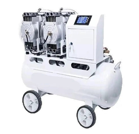 Pro Level Oil Free Industrial Vacuum Pump With Smart Microcomputer Control And Dual Pump Heads That Grab Killer Suction For Any Badass Shop Or Lab Setup Today, white metal design, mobile with wheels.