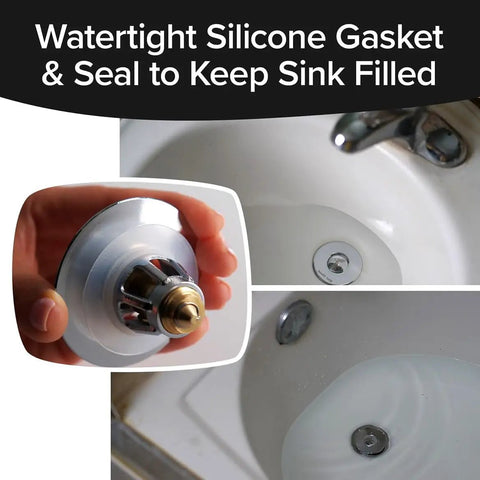 Watertight silicone gasket of Heavy Duty Slick Universal Sink Stopper Replacement Chrome Bath Plug in hand, shows sink fitting.