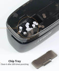 Top view of Electric 3 Hole Punch For Binders, 20 Sheet Capacity with open chip tray, highlighting no fuss puncher design.