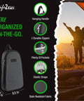 Diagram of All-In-One Outdoor Kitchen Kit 12-Piece Stainless Steel Camping Utensils Set With carry case and hiker silhouette.