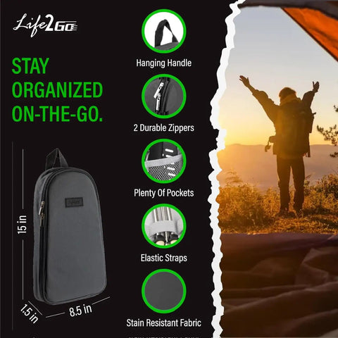 Diagram of All-In-One Outdoor Kitchen Kit 12-Piece Stainless Steel Camping Utensils Set With carry case and hiker silhouette.